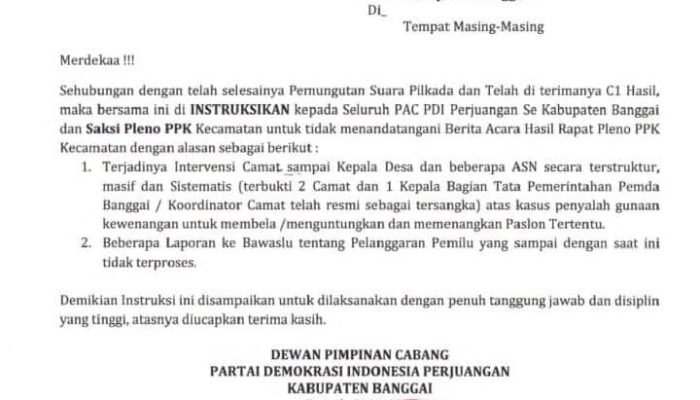 PDIP Banggai Instruksikan Semua Saksi Tidak Tandatangani Berita Acara Hasil Rapat Pleno PPK