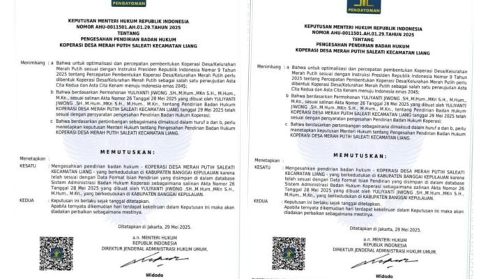 Tiga Kopdes Merah Putih di Kecamatan Liang Resmi Kantongi SK Kemenkumham