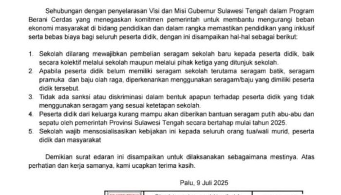 Surat Edaran Kadisdik Sulteng, Sekolah Diminta Tak Paksa Siswa Beli Baju Seragam!