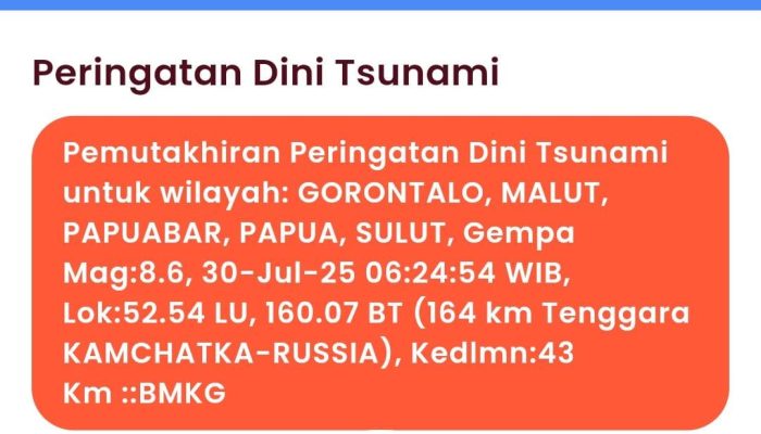 BMKG Keluarkan Peringatan Dini Tsunami Pasca Gempa Magnitudo 8.6 di Rusia
