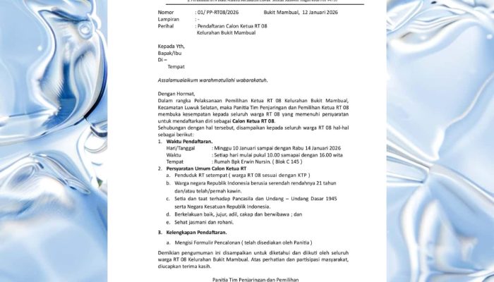 Panitia Buka Pendaftaran Calon Ketua RT 8 Bukit Mambual, Ini Syaratnya!