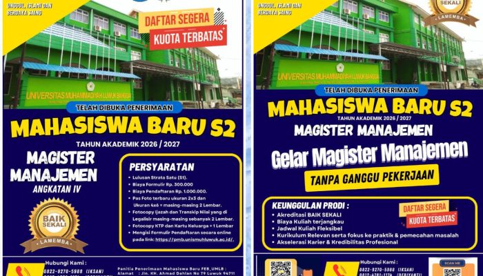 Kuota Terbatas! FEB Unismuh Luwuk Buka Penerimaan Maba S2 Magister Manajemen,  Terakreditasi Baik Sekali